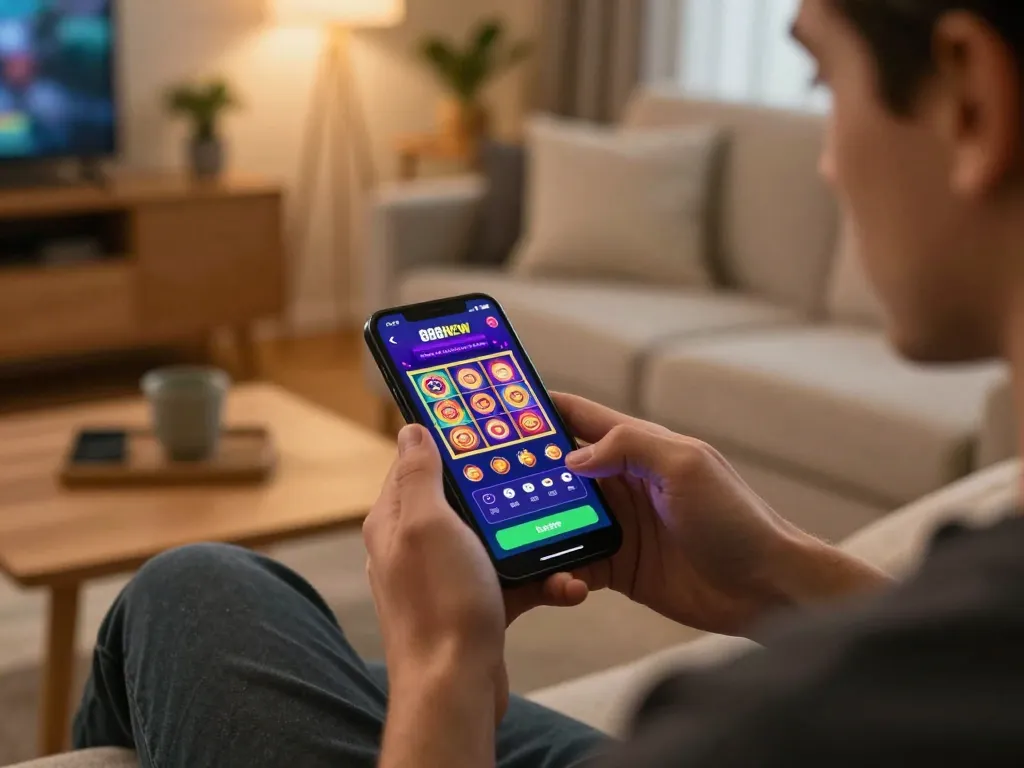 Person playing on the 888NEW app, engaging responsibly with vibrant slot graphics in a cozy setting