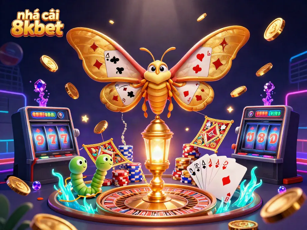 Engage in thrilling experiences with nhà cái 8kbet, featuring a vibrant casino scene with golden coins and vibrant game elements.