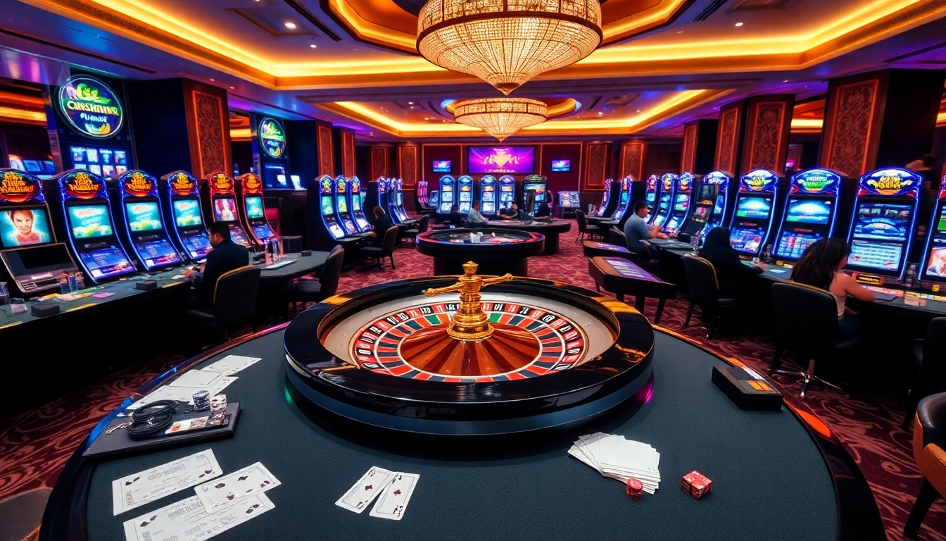 Exciting casino action at nhà cái ee 88 with roulette, poker tables, and vibrant slot machines.