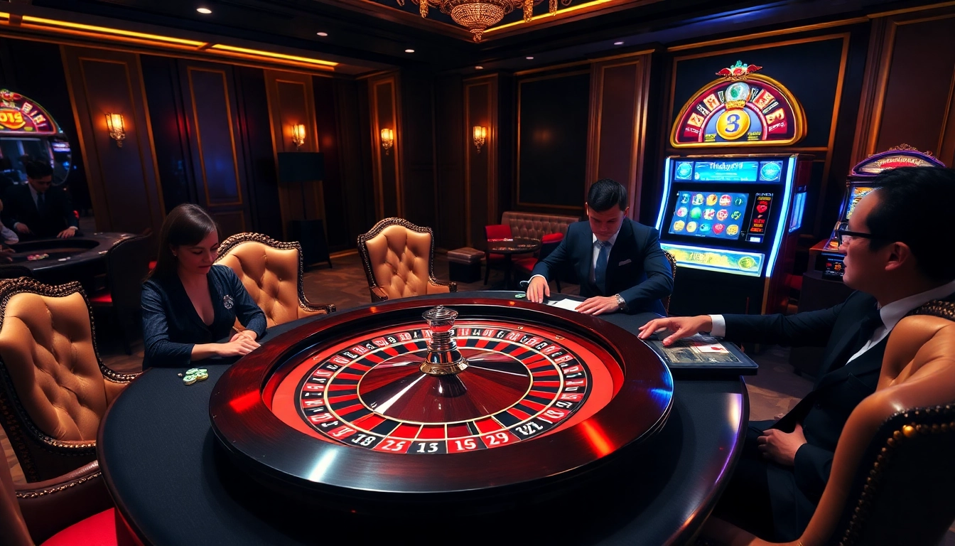 Experience the thrill at thabet777 with excited players at the poker table surrounded by luxurious casino elements.
