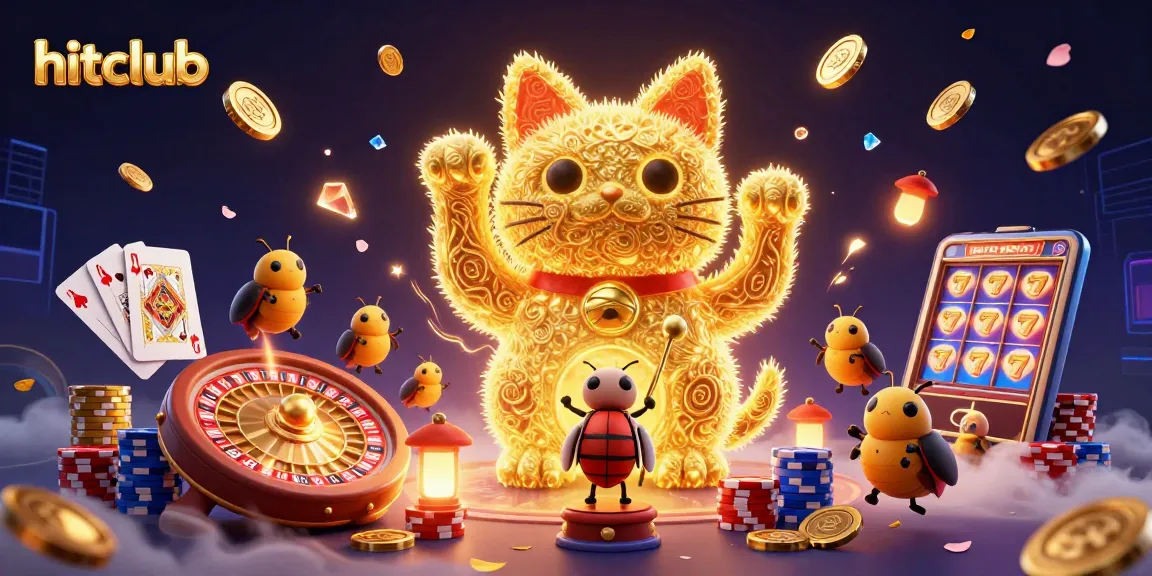 Engage with hitclub's exciting world of gaming through a vibrant 3D illustration featuring a lucky cat amidst casino symbols.