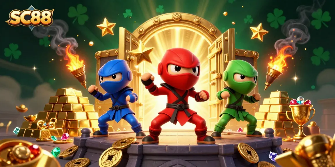 SC88 features a dynamic scene of ninja chameleons performing martial arts amidst gold coins and gems, captivating the casino vibe.