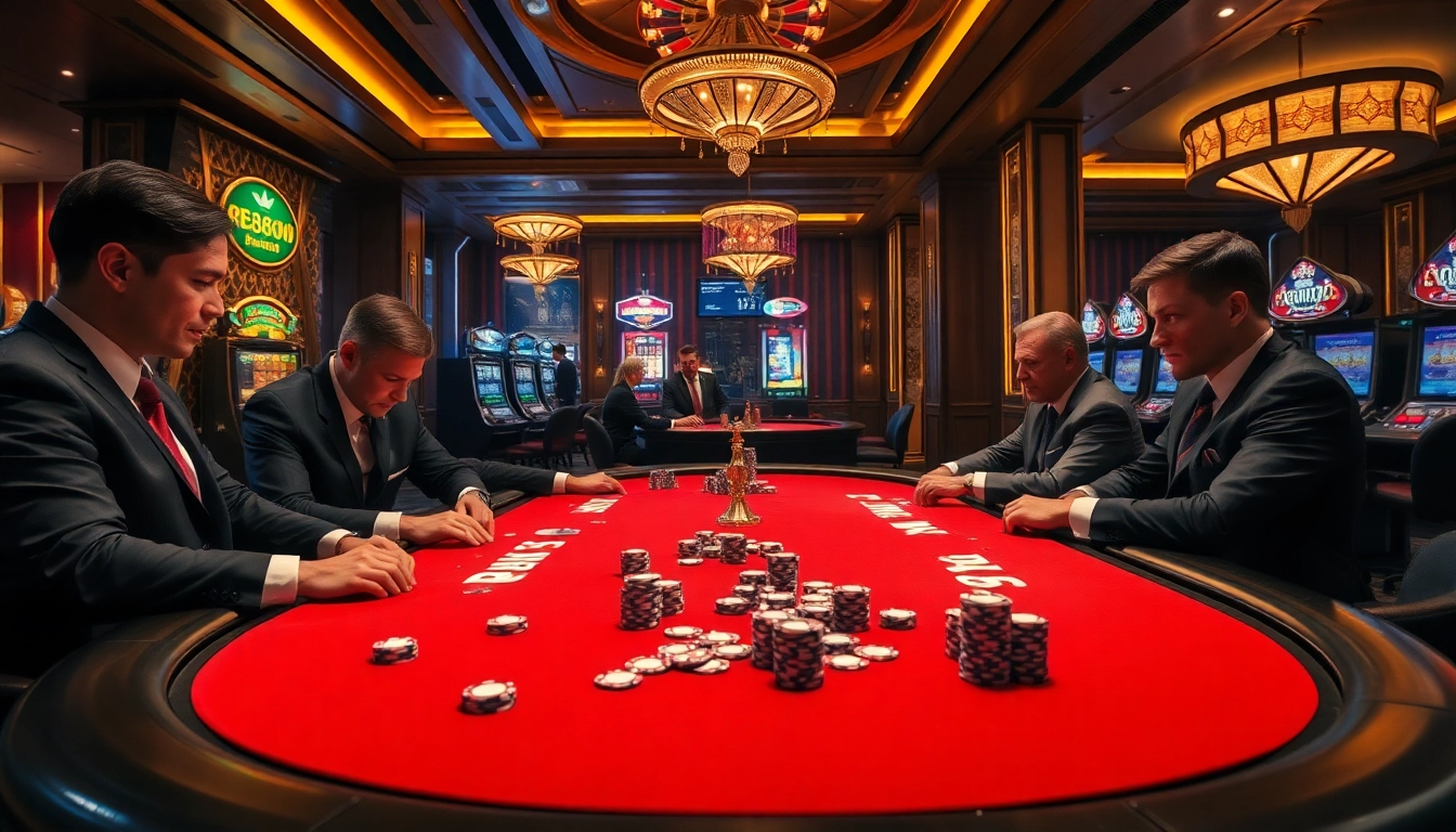 Intense gambling at https://ee88a.co.com/ featuring players at a poker table with chips and cards.