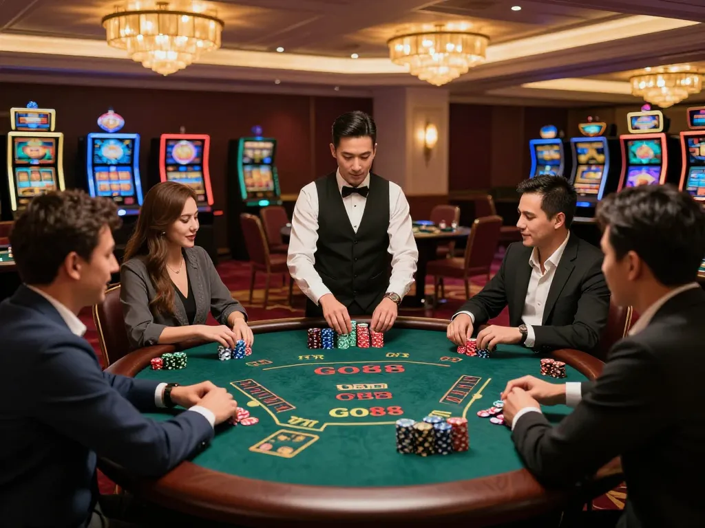 Go88 blackjack table in a luxurious casino with engaged players and a professional dealer.