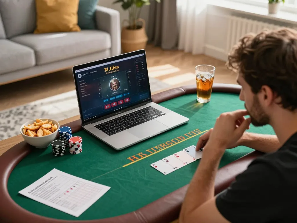 Player using laptop for online poker at tr88 com in a cozy home setting, emphasizing responsible gaming
