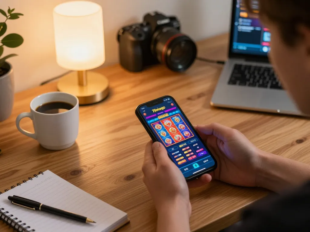 A player exploring the 78wingo casino app on their smartphone in a cozy home setting.