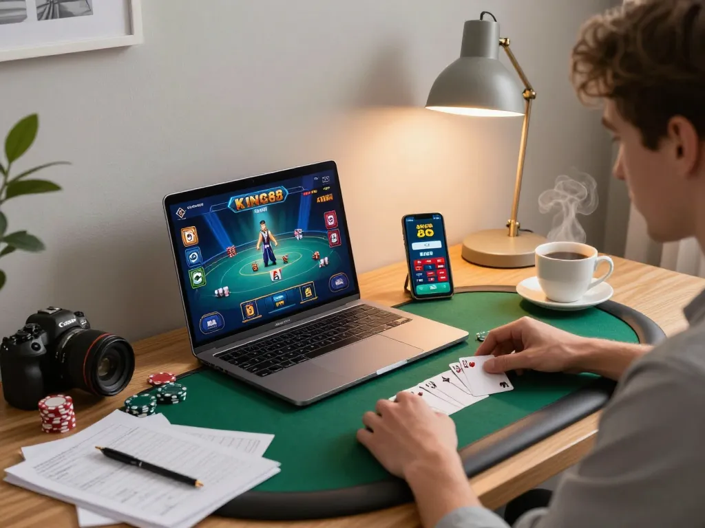 Engaging in a thrilling poker game at home with king88 casino app on laptop and smartphone.