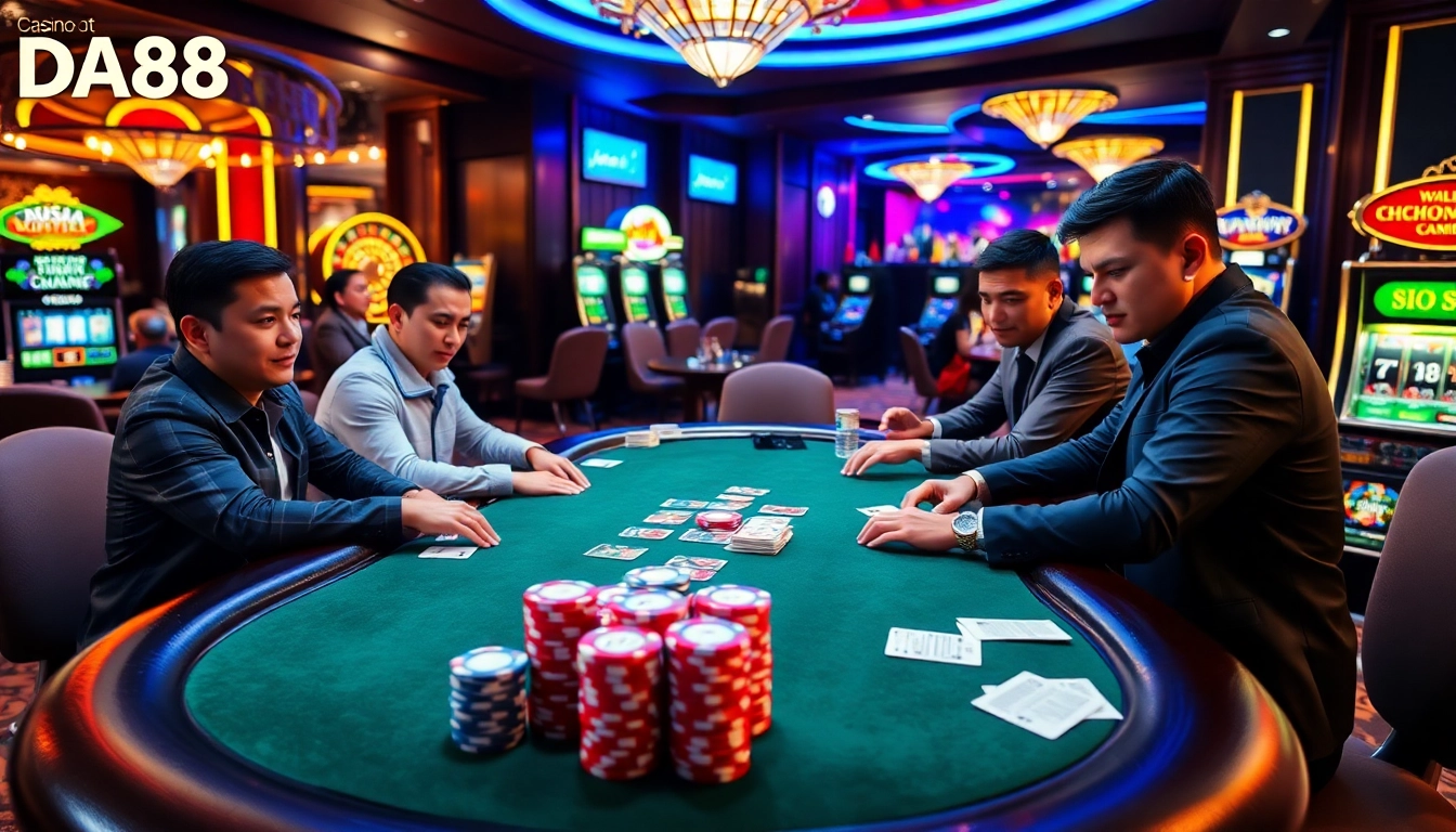 Players strategize at a poker table at DA88, surrounded by vibrant casino elements and thrilling atmosphere.