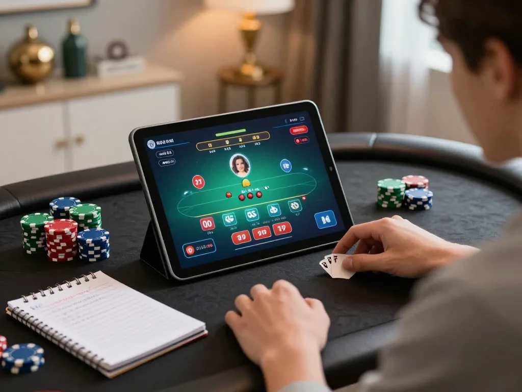 Engaging in blackjack strategy at home, using fed for optimal results with a tablet.