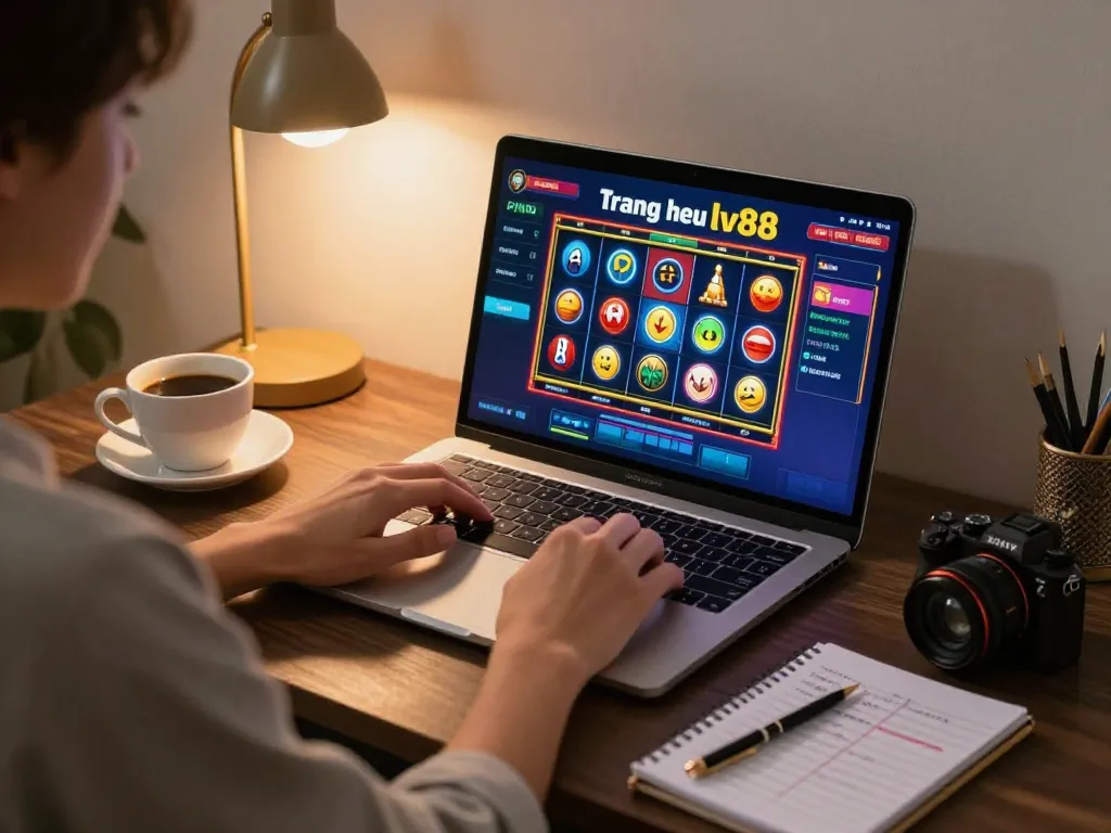 Engaging with interactive slots on trang chủ lv88, showcasing a player’s strategic betting experience in a modern home setting