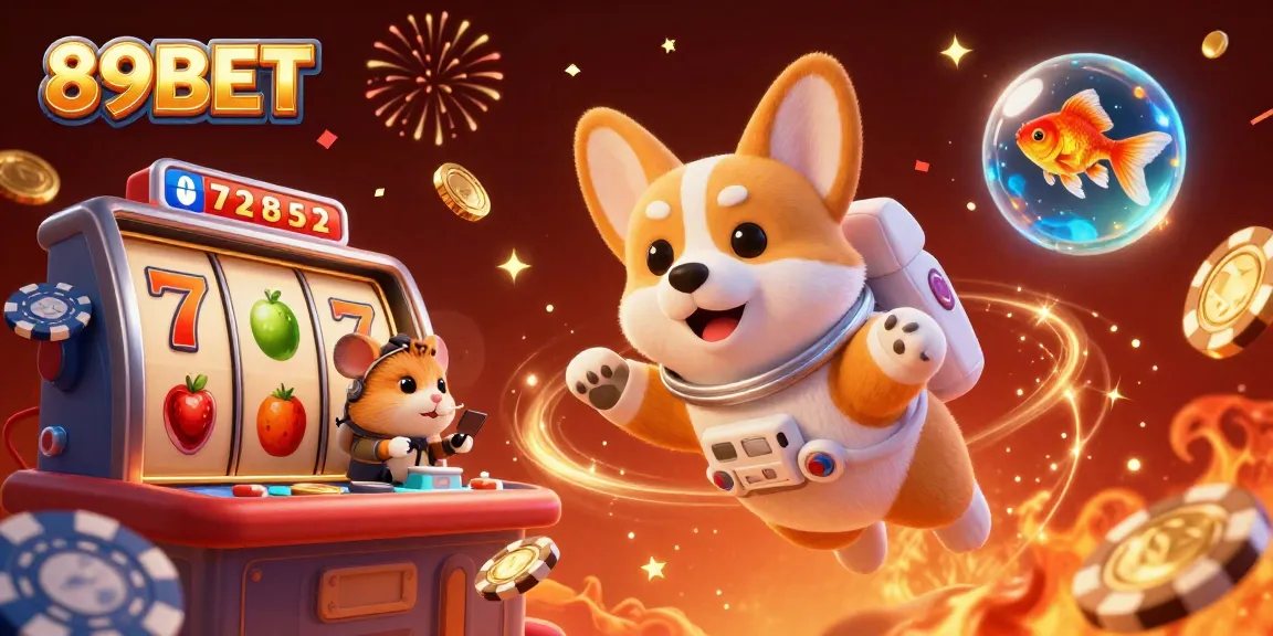 Enjoy exciting gameplay at 89BET with floating slots and engaging casino characters in a vibrant atmosphere