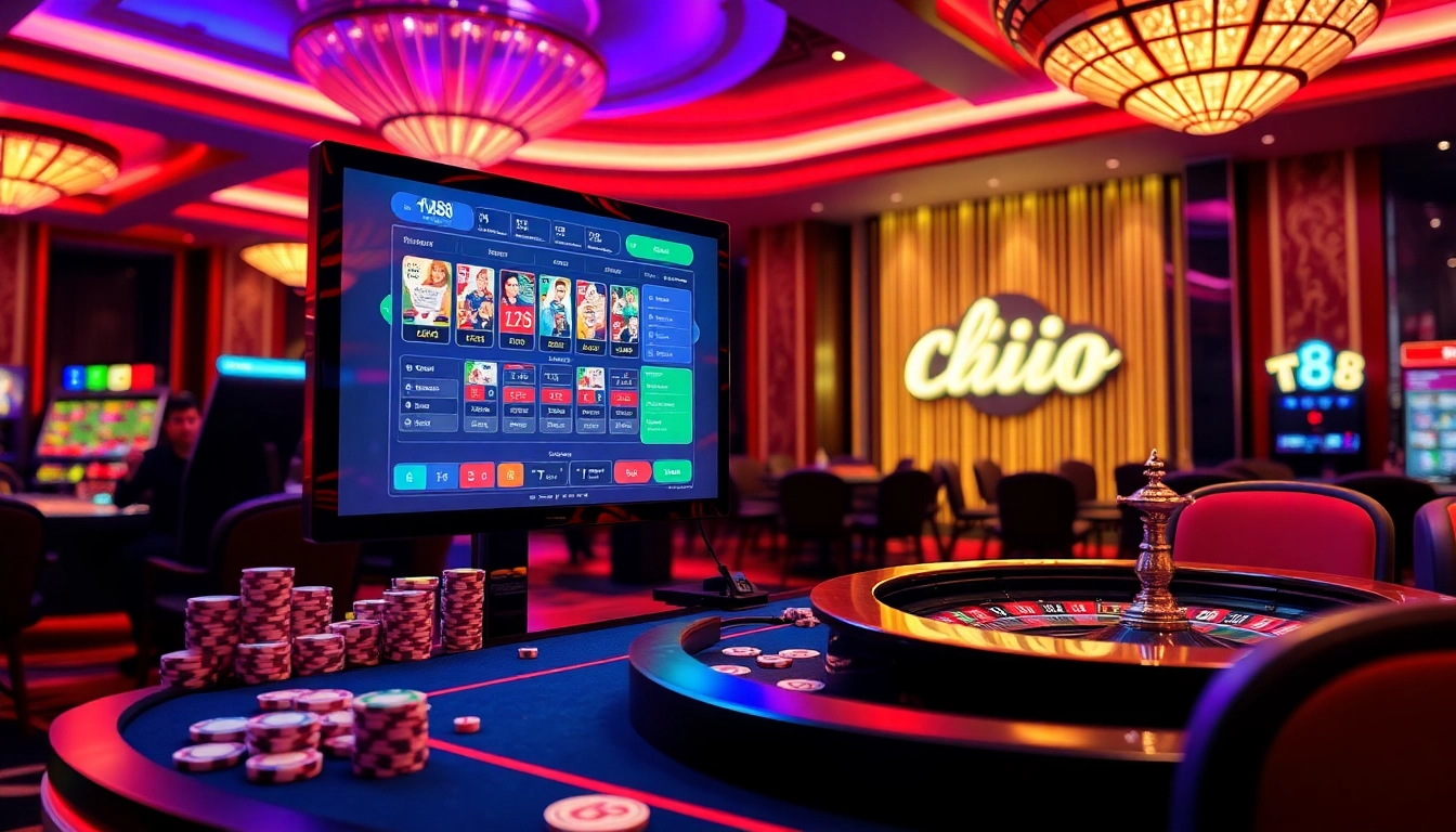 Engaging visual of the trang chủ fly88 online gambling interface amidst luxurious casino elements, like poker chips and roulette wheels.