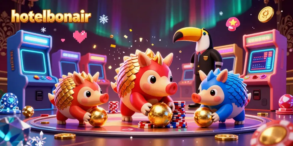 Engaging scene of pangolins in a gambling-themed competition at hotelbonair, showcasing vibrant arcade elements.