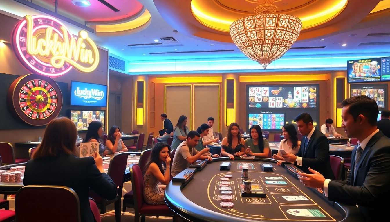 LuckyWin casino scene with vibrant roulette wheel, poker chips, and live dealer excitement.