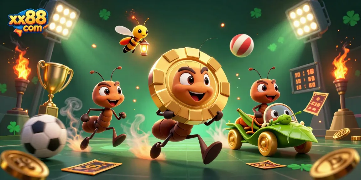 Experience the excitement at xx88 com with a thrilling heist scene featuring cartoon ants and casino elements.