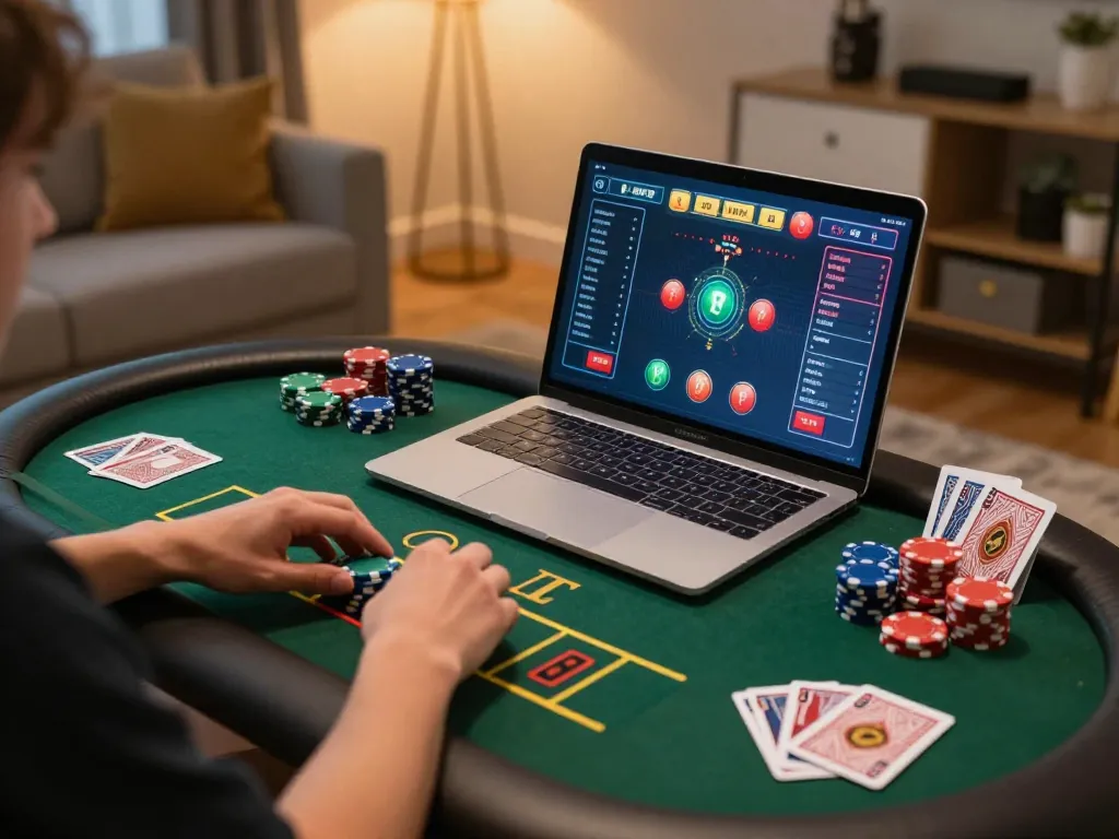 Engaging in online casino gameplay at https://fc88.zone with laptop displaying live dealer action.