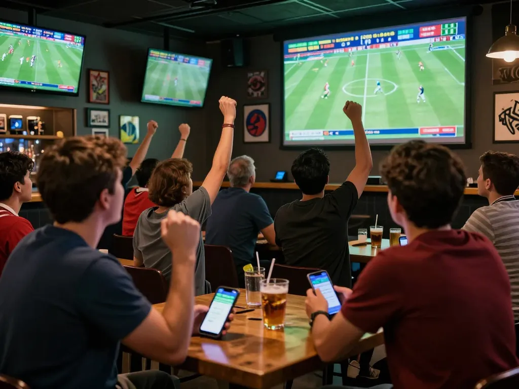 Bongdalu sports betting enthusiast engaged in live match with smartphones in an energetic sports bar atmosphere.