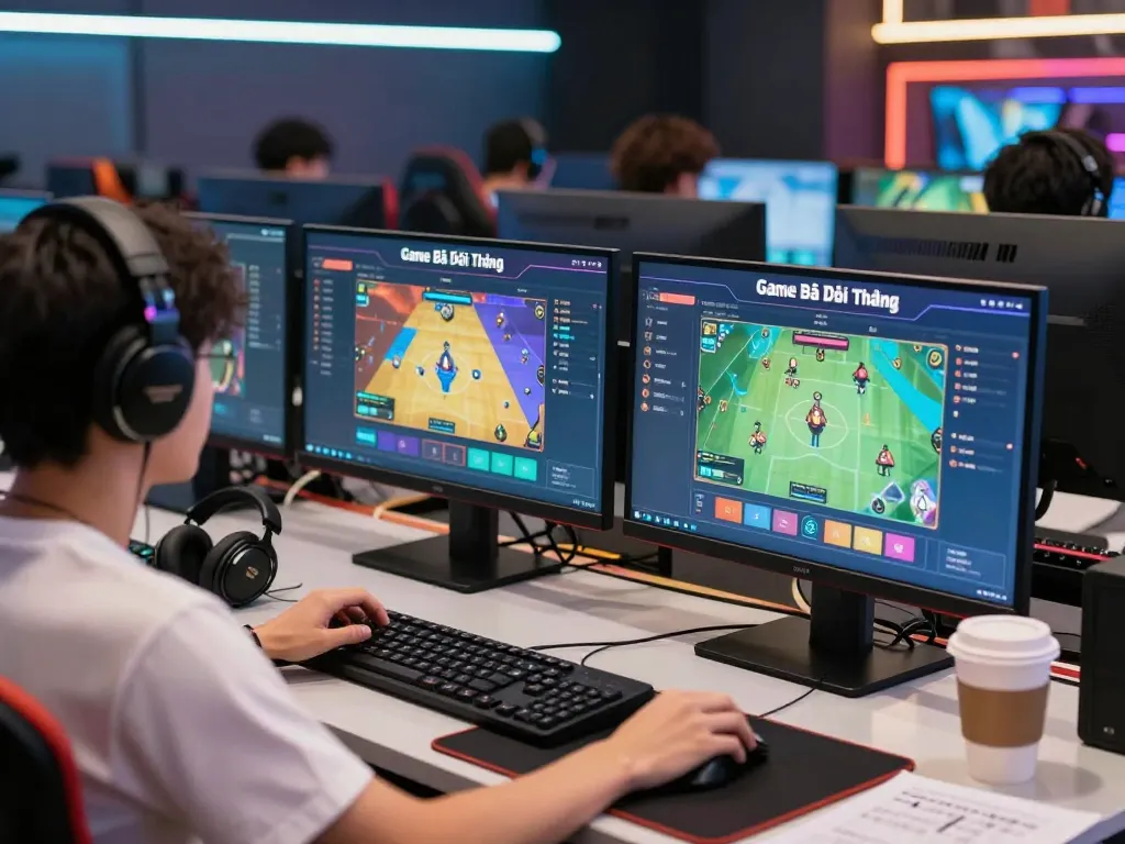 Player enjoying an immersive Game Bài Đổi Thưởng experience on multiple screens at home.