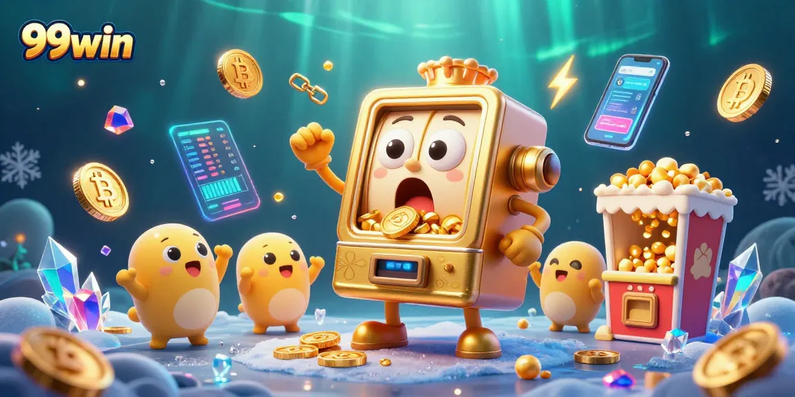 Spin the 99win jackpot featuring animated slot machines celebrating with flying coins and crypto elements