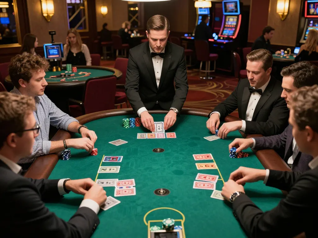 Engaging moment at sin888 blackjack table with players strategizing bets in upscale casino