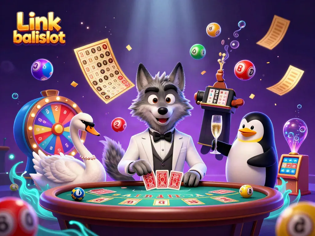 Engage in vibrant casino action with Link balislot as a wolf and swan deal cards in a lively setting.