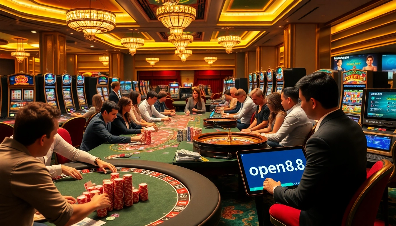 Experience the excitement of gambling at open88.com with vibrant casino tables and players immersed in games.