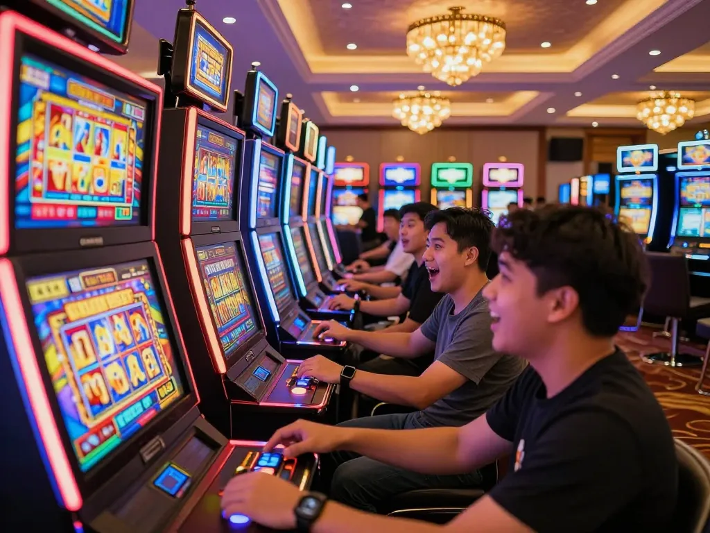 Players engaging with slot gacor machines, celebrating wins amidst colorful casino ambiance.