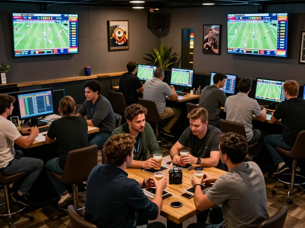 Sports bettors analyzing odds and strategy at TA88 sports bar with engaging atmosphere