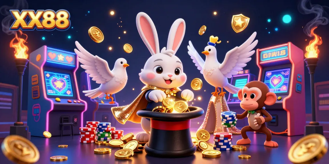 Experience winning moments at XX88 with a magician rabbit, coins, and gaming excitement delivered.