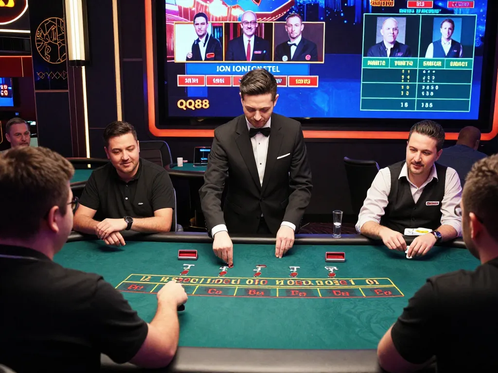 Players engaging in blackjack at QQ88 online casino with a professional dealer, showcasing an exciting gaming atmosphere.