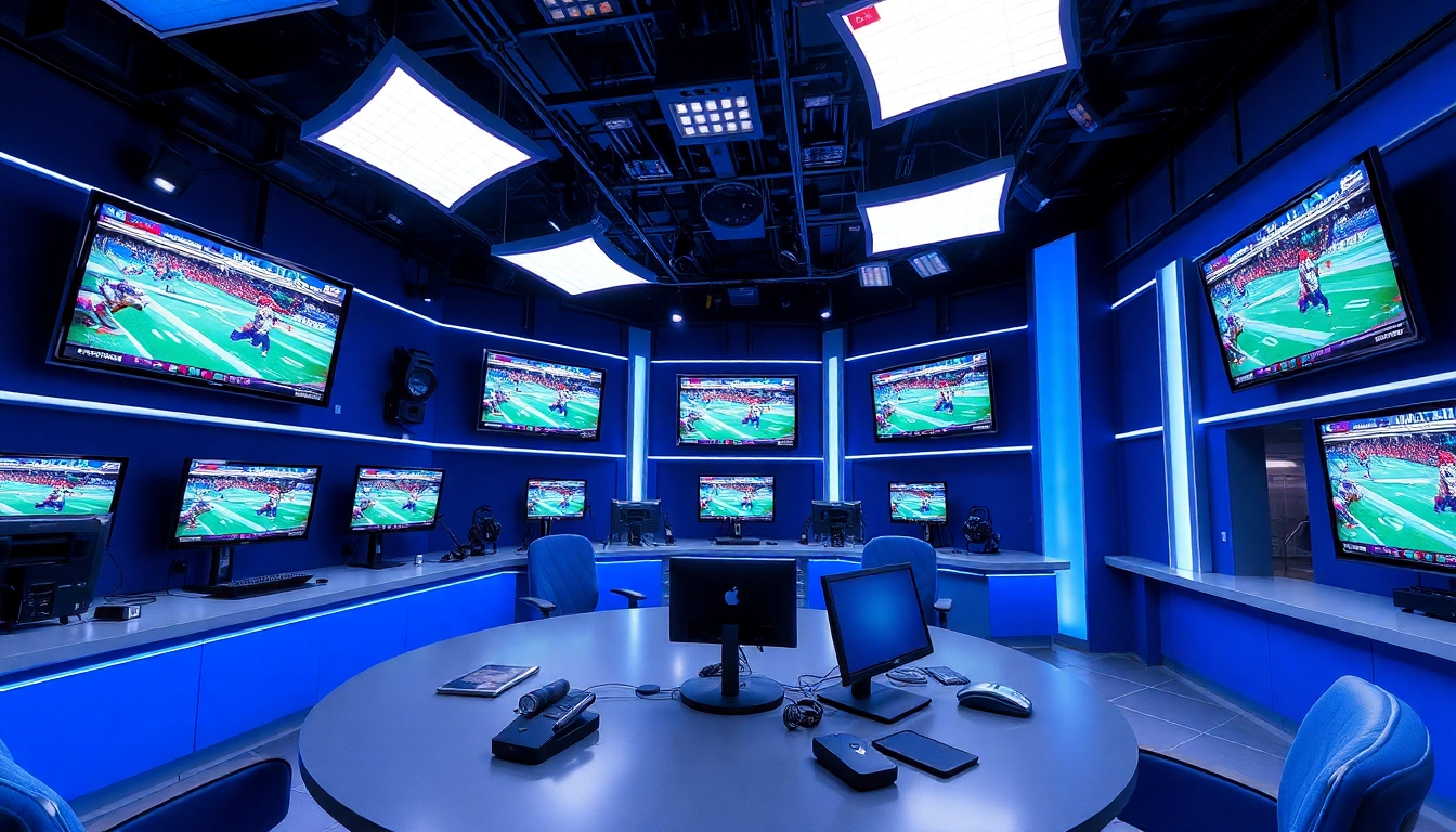 Engaging scene showcasing sports broadcasting with dynamic visuals in a vibrant studio.