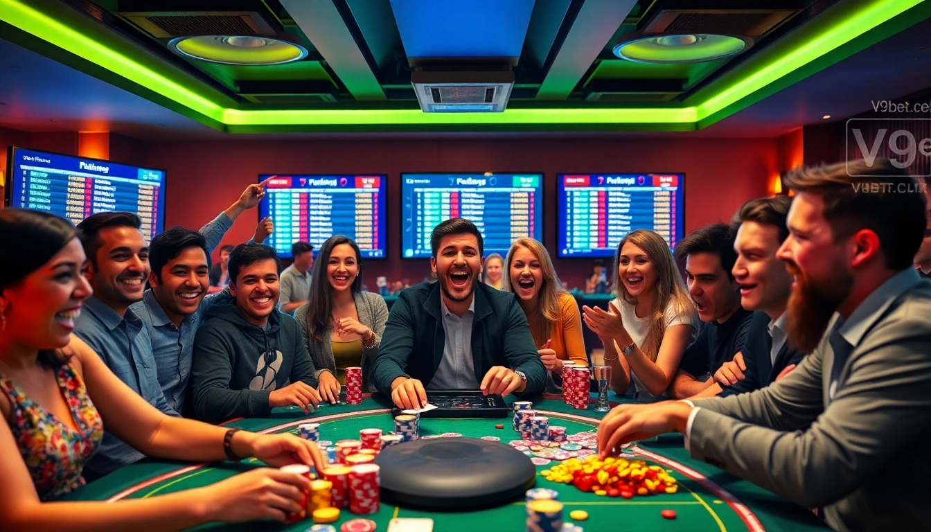 V9bet.ce vibrant online casino scene with diverse players engaged in exciting games