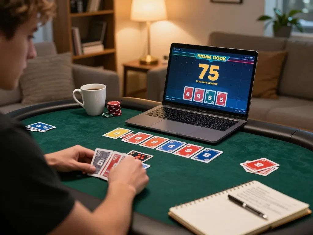 Player engaging in online poker gaming at home, showcasing strategic moves on 77789vip platform.