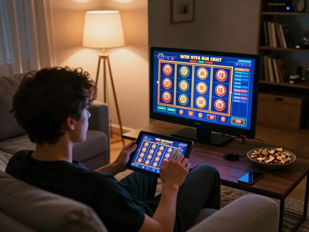 Nohu90 player engaging in online gambling on a tablet during a cozy home session