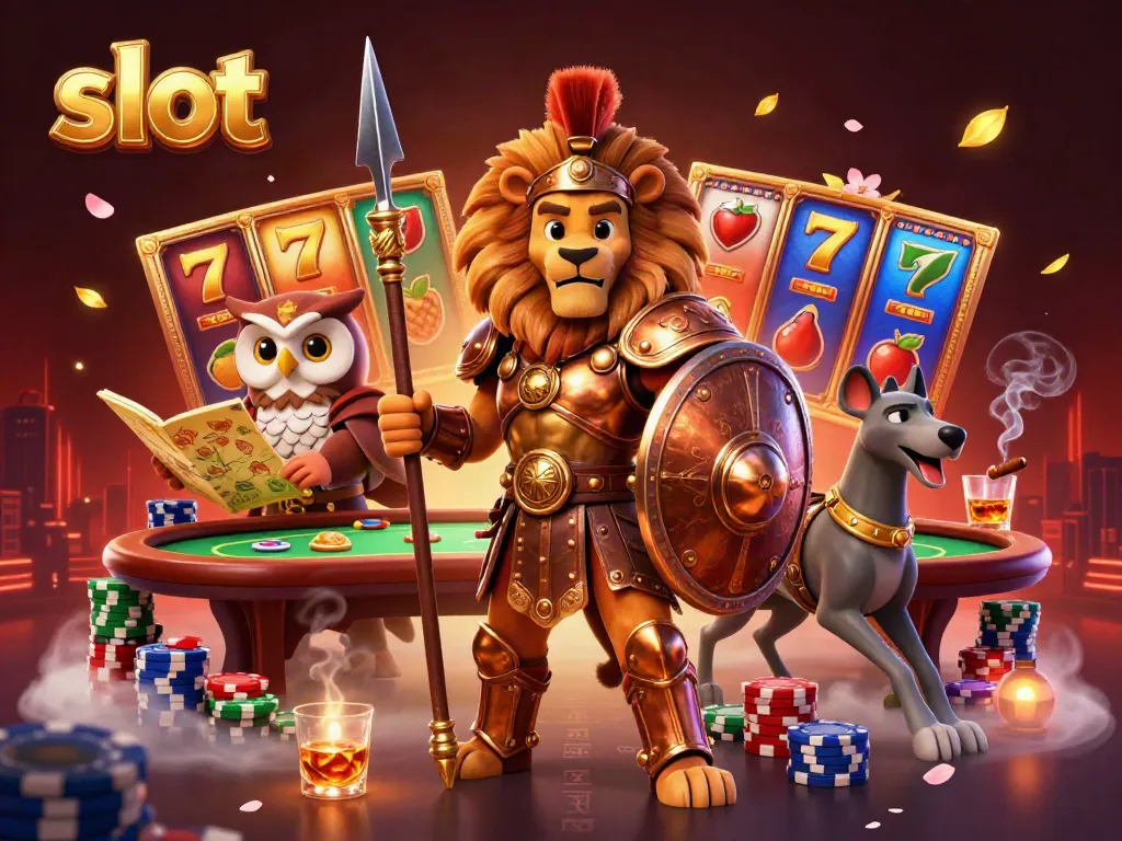 Experience thrilling slot action with a Spartan lion, tactical owl, and greyhound in a vibrant casino scene.