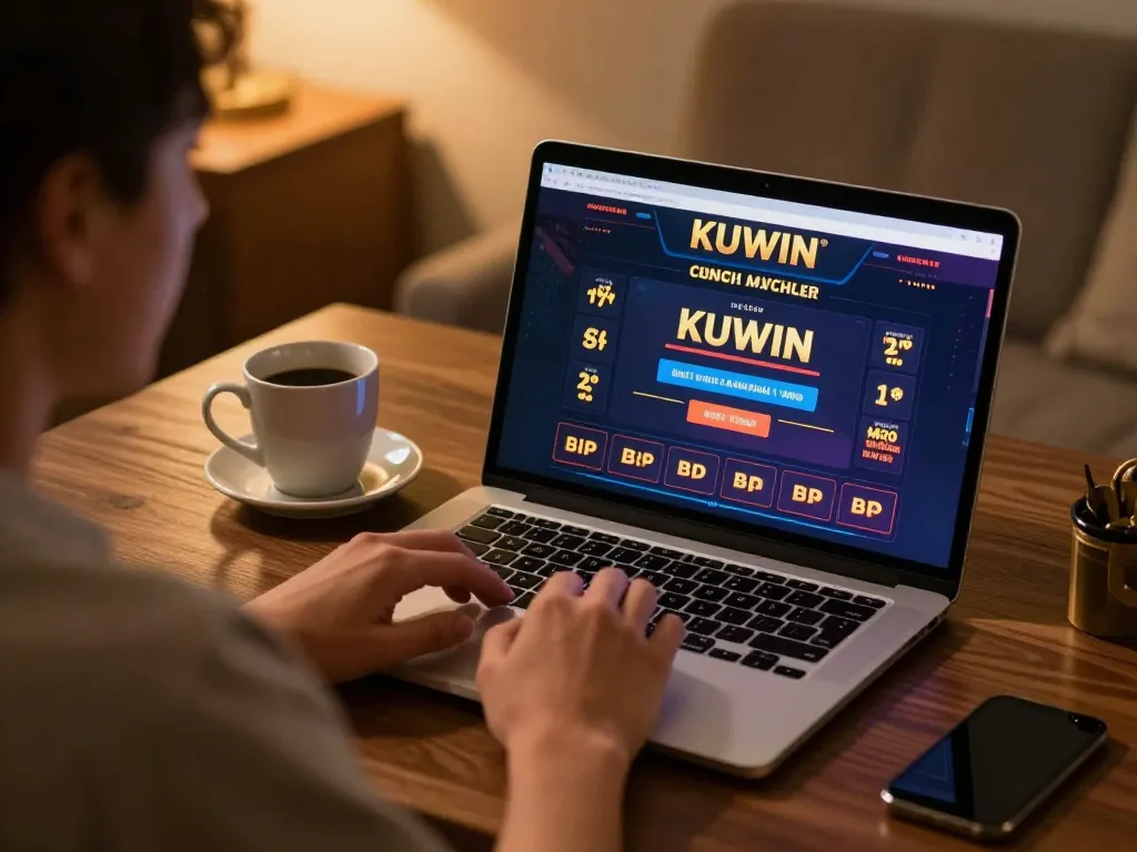Person gaming on esports betting app at home using kuwin platform, cozy ambiance visible