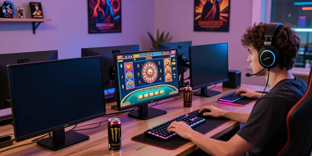 Engaging scene of an online player enjoying nhà cái da88 games on multiple colorful screens.