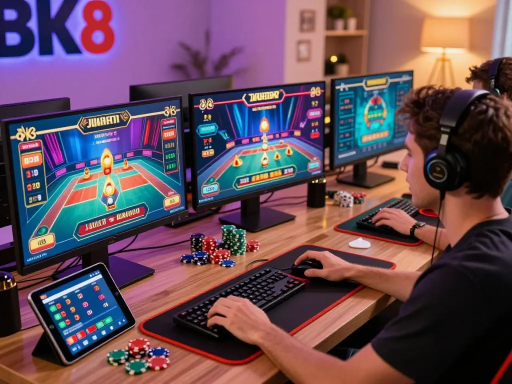 Exciting BK8 gaming experience with a player engaged at a sleek computer setup.