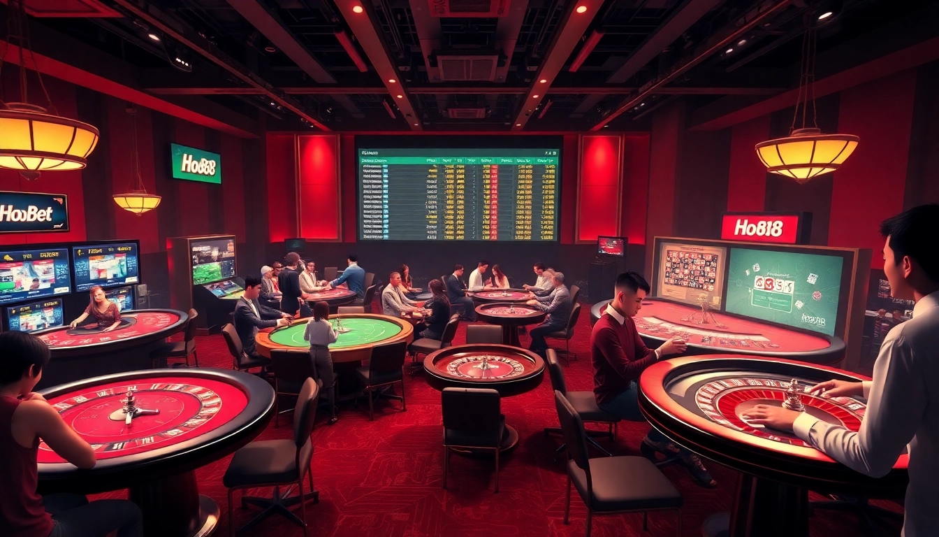 Ho88 online casino with vibrant gaming tables and engaged players, showcasing an exciting atmosphere.