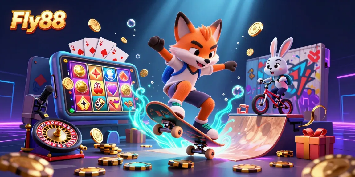 Fly88 illustration of a fox and rabbit performing tricks in a dynamic casino setting with games and coins.