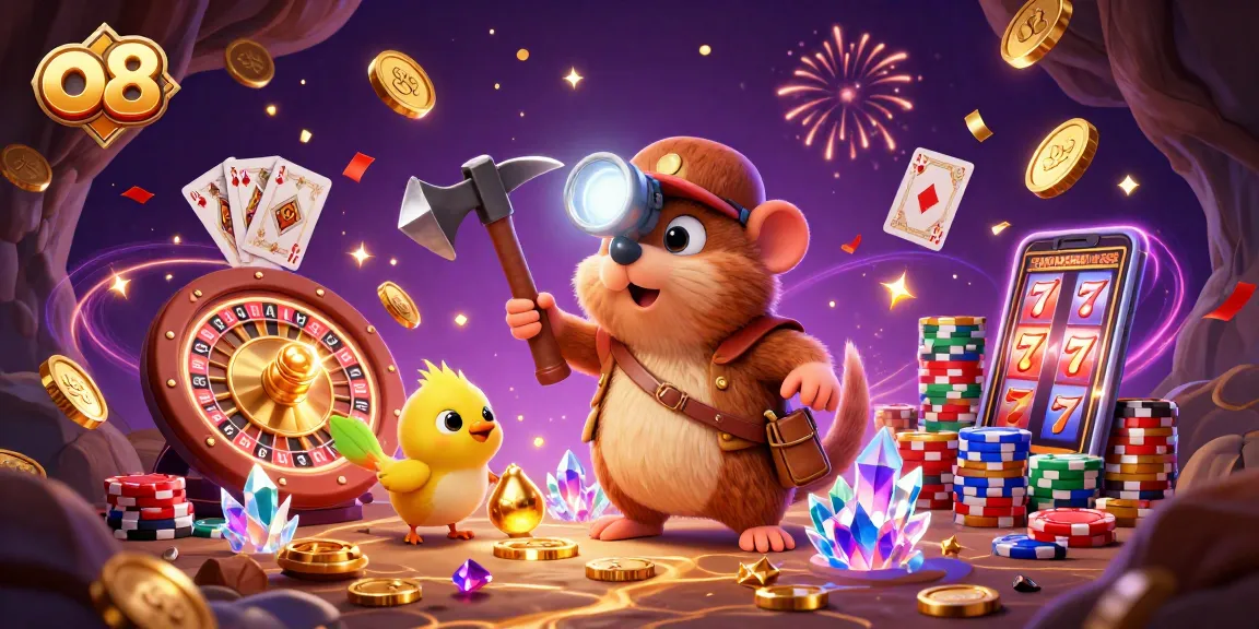 Play slots and win with o8 as the treasure hunter moles gather coins and gems in a vibrant casino cave.