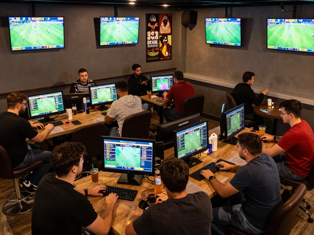 Sports betting excitement at F8BETLV with players analyzing odds on devices