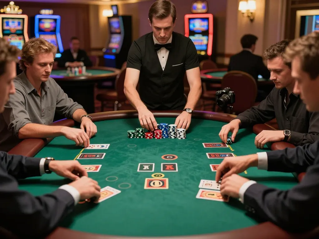 Players engaged in a strategic blackjack game at MB88 casino table surrounded by vibrant decor.