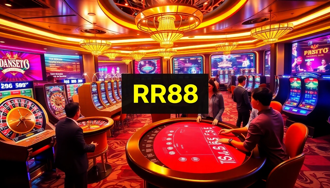 Excited players enjoy thrilling games at RR88's vibrant casino tables and slot machines.