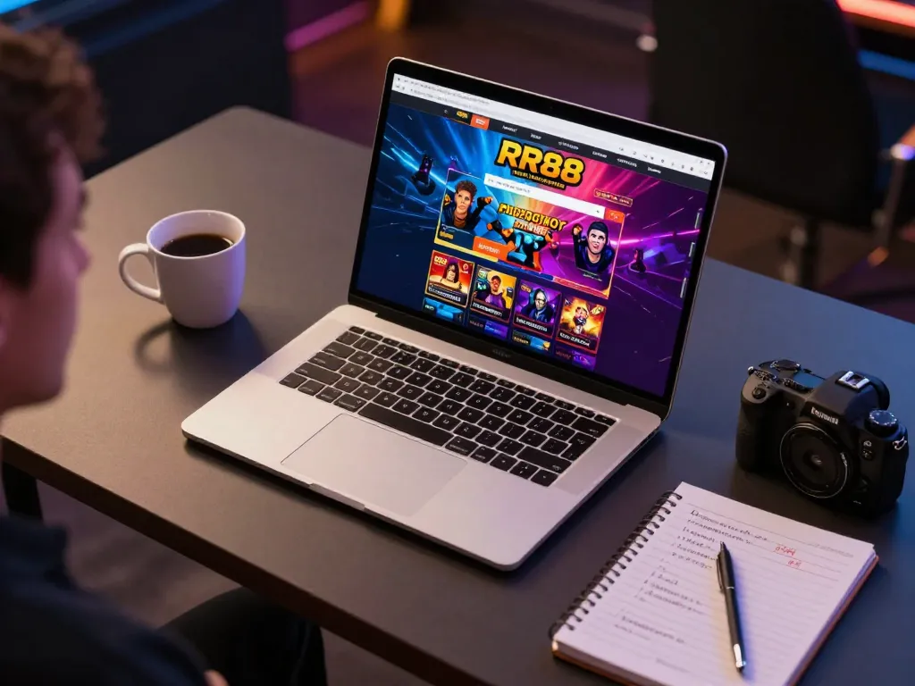 Dynamic online gambling experience at trang chủ rr88 with strategic betting notebook and laptop display.