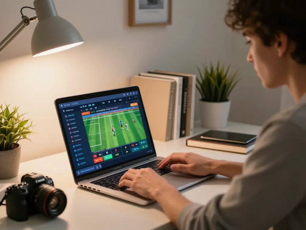 Engaging in online sports betting at home with nhà cái 11 bet platform on laptop, showcasing strategic focus and excitement.