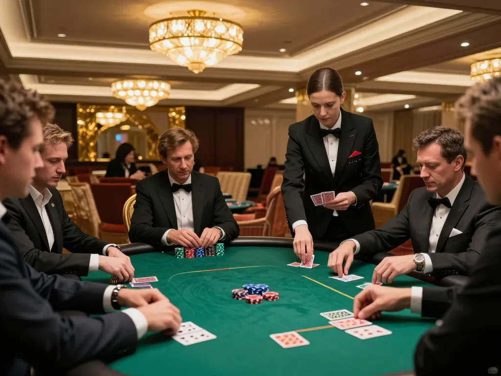 VIPWIN poker players engage in high-stakes gaming surrounded by luxury and elegance in a vibrant casino.