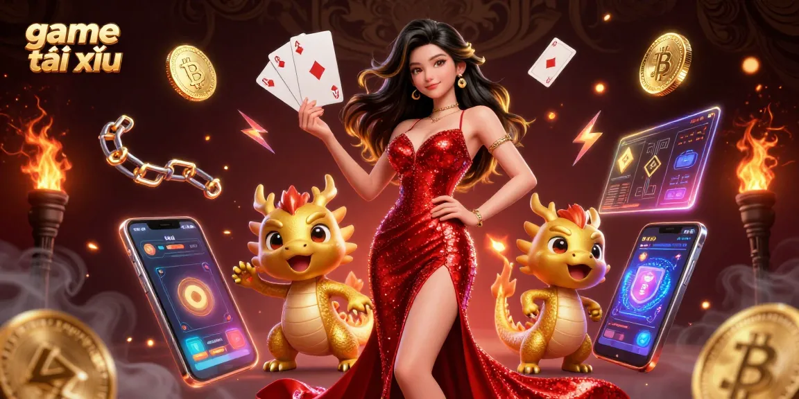 Experience game tài xỉu excitement with a stunning Asian woman and a golden dragon mascot amidst vibrant casino elements.