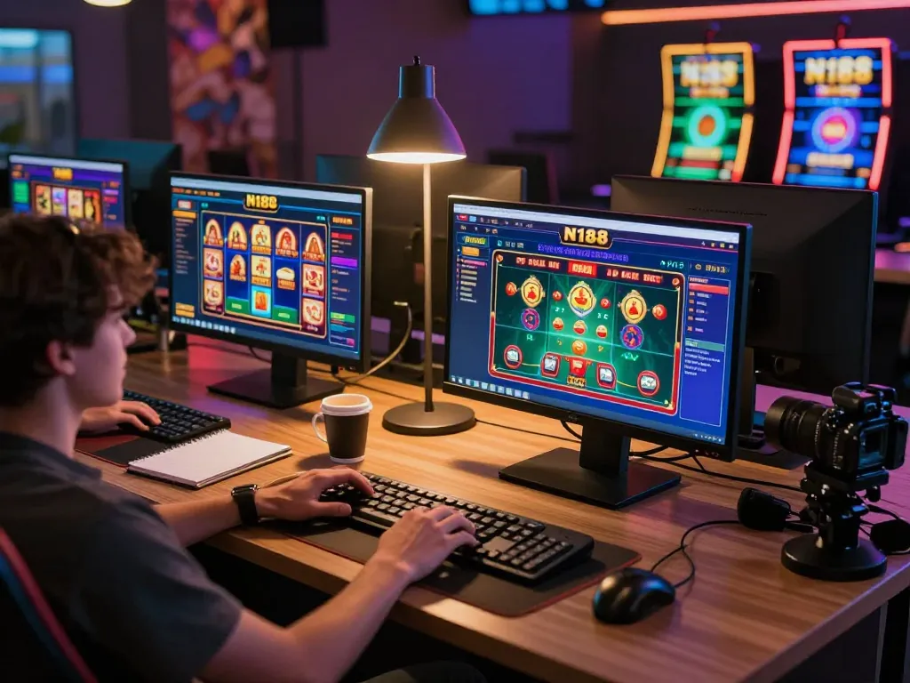 N188 casino online gaming setup with a player engaged in live dealer games and vibrant slot visuals.