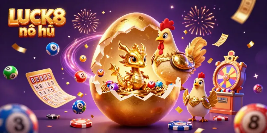 Experience LUCK8 nổ hũ with a dazzling scene featuring a golden baby dragon on poker chips, symbolizing big wins.